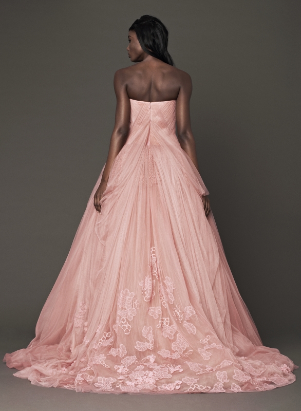 Vera Wang - Fall 2014 Bridal Collection - Wedding Dress Look 7
<br><br>
Rose strapless silk ball gown with hand draped tulle bodice accented by vermicelli beading at neckline and skirt with floral beaded embroidery.

<br><br>